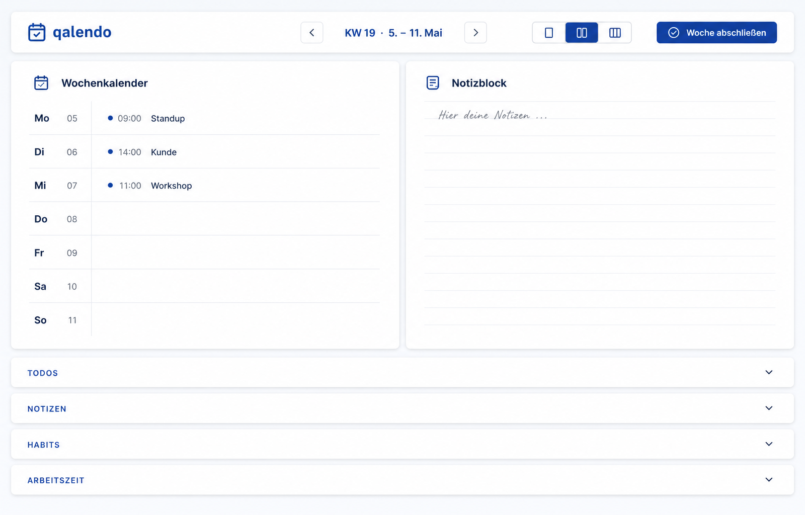 qalendo Wochenplaner – Desktop-Ansicht mit zweispaltigem Layout, Kalender links und weitere Bereiche als zugeklappte Leisten rechts