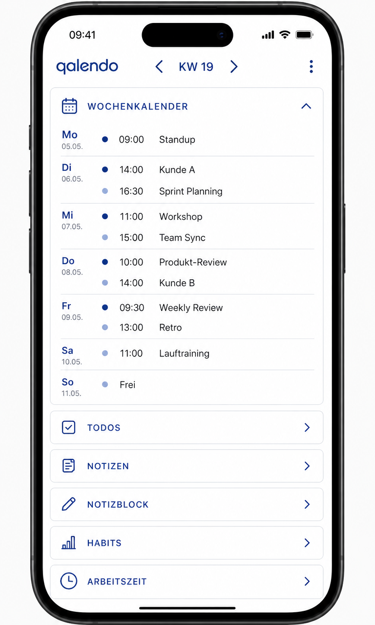 qalendo auf dem Smartphone – Wochenkalender aufgeklappt, weitere Bereiche als Leisten